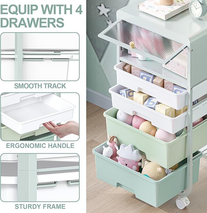 Utility-Rolling-Storage-Drawer-Craft-Cart-Organizers with 4 Drawers & Dust-proof Door for Kid Craft Art Room,Bedroom,Home Office, 4 Tiers Drawer cart, Green-VivaGrace Women
