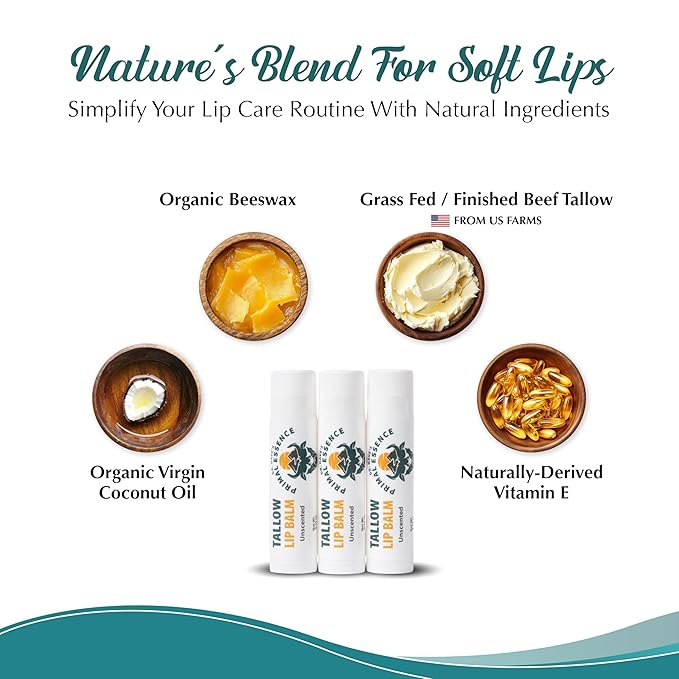 Moisturizing Tallow Lip Balm – Grass-Fed Beef Tallow with Organic Coconut Oil, Beeswax, and Vitamin E – Unscented Lip Balm Set – Travel Essential - 3-Pack-VivaGrace Women