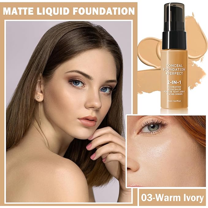 Concealer Full Coverage Foundation for Mature Skin,Oil Control Matte 2 in 1 Concealer liquid Foundation Makeup Waterproof Base De Maquillaje Alta Cobertura-03 Warm Ivory-VivaGrace Women