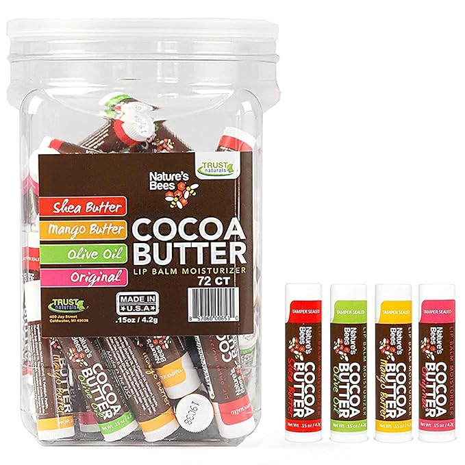 Nature's Bees - Cocoa Butter Lip Balm Moisturizer - Original 72 Pack, 4 Flavors - Original, Shea Butter, Mango Butter, Olive Oil - Made w/Coconut Oil, Beeswax, Vitamin E, Aloe - 0.15oz (4.2g)-VivaGrace Women