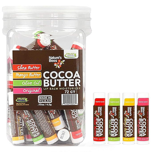 Nature's Bees - Cocoa Butter Lip Balm Moisturizer - Original 72 Pack, 4 Flavors - Original, Shea Butter, Mango Butter, Olive Oil - Made w/Coconut Oil, Beeswax, Vitamin E, Aloe - 0.15oz (4.2g)-VivaGrace Women