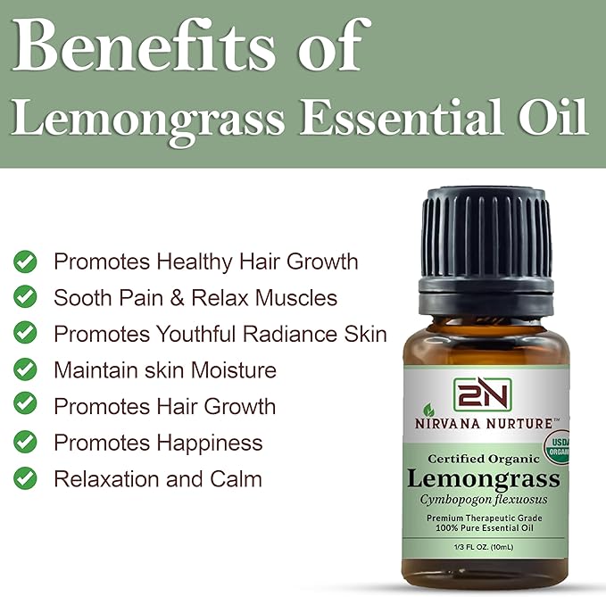 Lemongrass Essential Oil USDA Certified Organic 100% Pure Premium Therapeutic Grade, Undiluted - Aromatherapy Diffuser for Calm and Relaxation, Skin Care, Hair Care-VivaGrace Women
