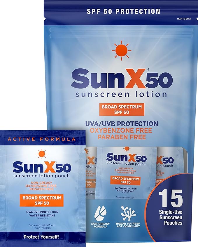 CoreTex Sun X 50 SPF Broad Spectrum Sunscreen Packets with Resealable Travel Bag - Pack of 15 Paraben, Oxybenzone, Octinoxate, & Oil Free Sunscreen - Water & Sweat Resistant Up to 80 Minutes-VivaGrace Women