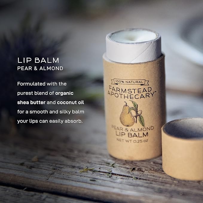 Farmstead Apothecary 100% Natural Lip Balm with Organic Beeswax, Organic Shea Butter & Organic Coconut Oil, Pear & Almond 0.2oz (Pack of 2)-VivaGrace Women