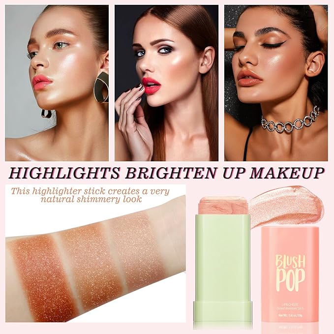 Highlighter Makeup Stick - Blush Highlighters Makeup Stick for Face & Body, Natural Silky Shimmer Highlight, Bendable Long Lasting Highlighter Wand, Cream Korean Highlighter (Rose Gold)-VivaGrace Women