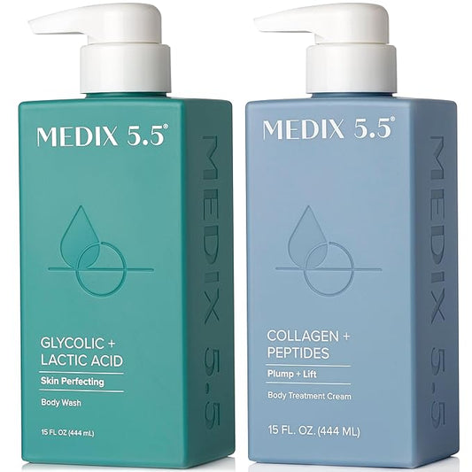 Medix 5.5 Exfoliating AHA Glycolic Acid Face & Body Scrub Cleanser + Collagen Moisturizing Body Cream Lotion Skin Care 2PC Set | Alpha Hydroxy Acid & Lactic Acid Foaming Body Wash & Face Wash, 2-PC-VivaGrace Women