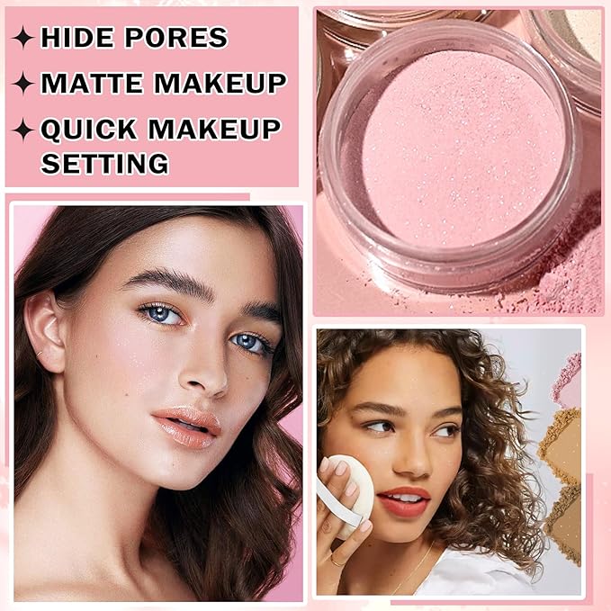 Pink Setting Powder Loose Powder Shimmer Finishing Powder Ultimate Blurring Setting Powder Long Lasting Oil Control Loose Face Powder for All Skin Tones-02 Pink-VivaGrace Women