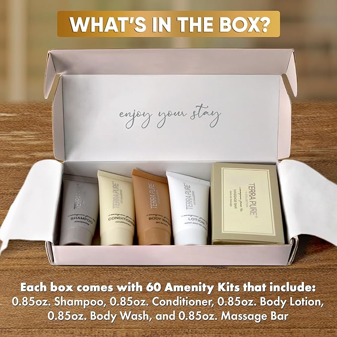 Terra Pure Spa Collection Amenity Kit | Hotel Toiletries | Bulk Set 0.85 oz Travel Size Shampoo,Conditioner, Lotion,Body Wash & Massage Bar for Guest Hospitality AirBnB/Vacation Rentals | 60 sets/case-VivaGrace Women