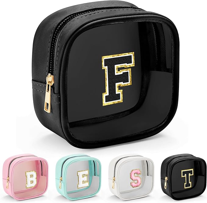 YOOLIFE Initial Makeup Bag Travel Toiletry Bag, Clear Makeup Bag Car Accessories For Women Clear Makeup Bags With Zipper Girlfriend Teacher 13 Year Old Girl Gifts Daughter Girl Gifts Mini Black F-VivaGrace Women
