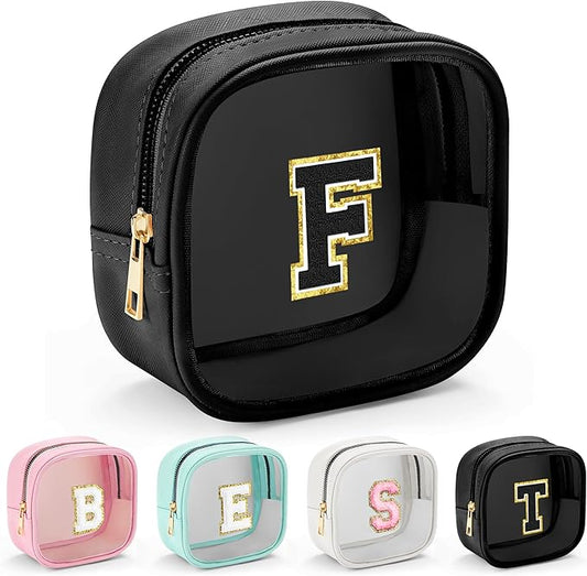 YOOLIFE Initial Makeup Bag Travel Toiletry Bag, Clear Makeup Bag Car Accessories For Women Clear Makeup Bags With Zipper Girlfriend Teacher 13 Year Old Girl Gifts Daughter Girl Gifts Mini Black F-VivaGrace Women