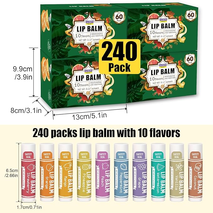 AZEN 240 Pack Lip Balm, Natural Lip Balm Bulk, Lip Care Product, Moisturizing Lip Balm for dry cracked lips - 10 Flavors-VivaGrace Women