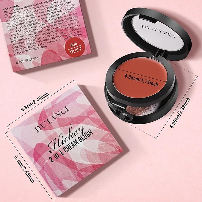 DE'LANCI 2 In 1 Cream Blush for Cheeks & Lips & Eyeshadow in a Waterproof Smooth Moisturizing Creamy Formula, Buildable Lightweight Red Blush Balm with Built-in Brush and Mirror, Easy to Use, Rust-VivaGrace Women