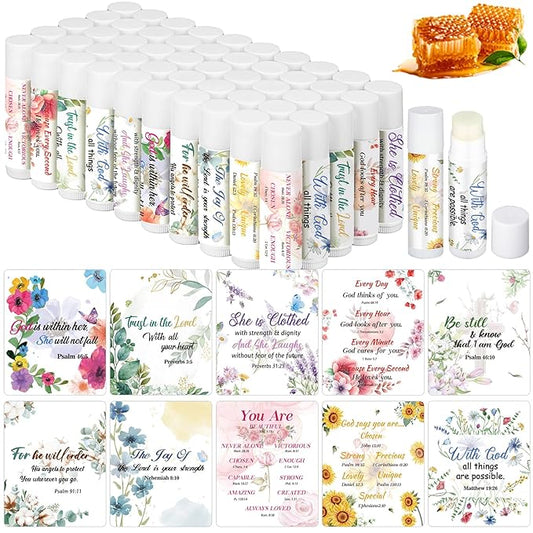 50 Pack Lip Balm Religious for Women Lip Balm with Scripture Bulk Sticks Christian Lip Balms Gifts Faith Bible Verse Scripture Inspirational Gift Party Favors Coworkers 10 Styles Floral-VivaGrace Women