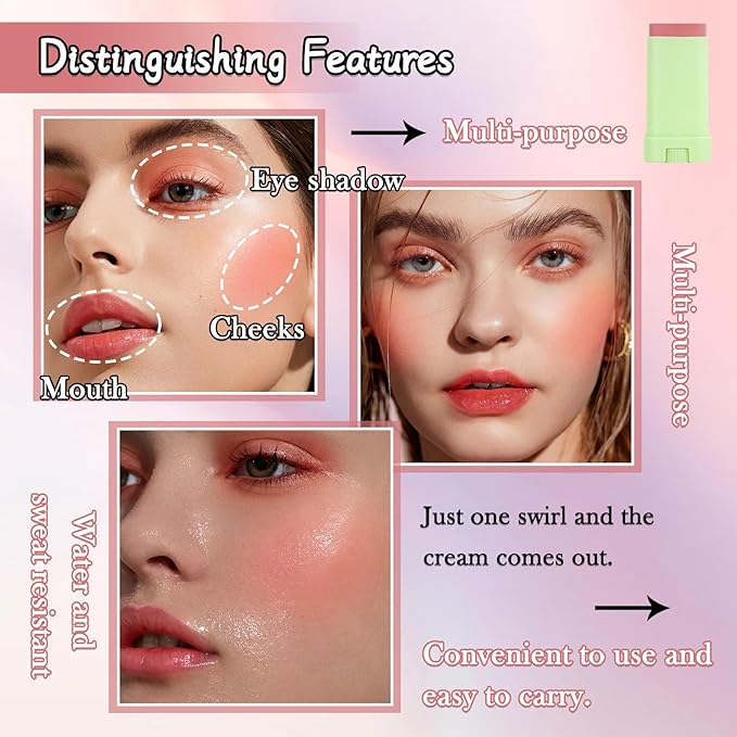 Cream Blush Stick for Cheeks,Blendable Multi-use Blush Makeup Stick for Cheek Eyes Lips Blusher-VivaGrace Women
