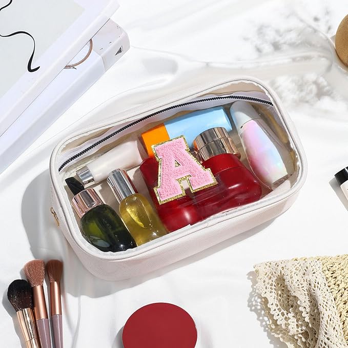 YOOLIFE Initial Makeup Bag Travel Toiletry Bag Clear Makeup Bag Preppy Cosmetic Bag Gifts for Girls Kids Graduation Gifts Birthday Gifts for Girls Kids Birthday Gifts Swim Gifts White L-VivaGrace Women