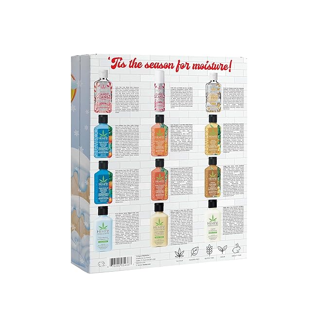 Hempz Twelve Days of Hydration Skin Care Gift Set (12-pack) - Candy Cane Moisturizer & Lip Balm, Vanilla Moisturizer, Pineapple & Melon, Original, & Triple Moisture Shampoo, Conditioner & Moisturizer-VivaGrace Women