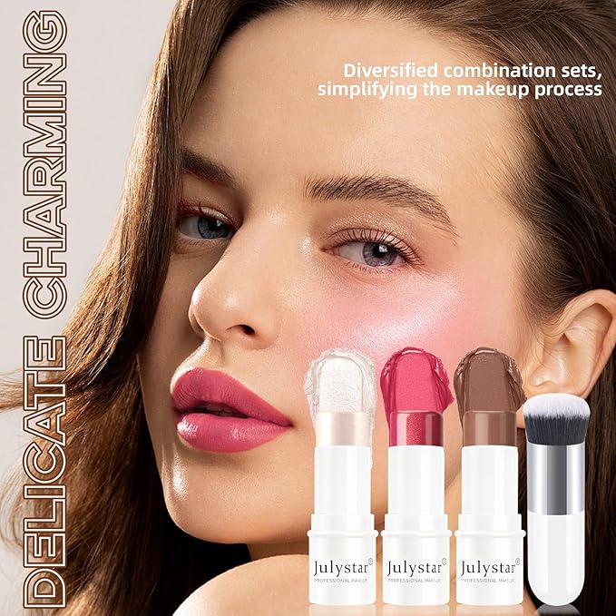 3Pcs Cream Contour Stick Makeup Set, Cream Bronzer Blush Highlighter Stick for Cheeks Eyes Lips, Long Lasting Waterproof Blendable Dewy Finish Face Stick Trio Wand for All Skin (1+3+6)-VivaGrace Women