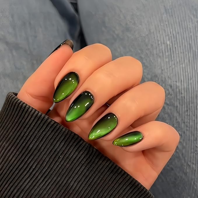 KQueenest Cat Eye Neon Green Press on Nails Almond, 30 Pcs Glitter Fake Nails Medium, Sparkly Vibrant Lime Green Black Nails Press ons, Gothic Shiny Bling Stick on Nails for Women Holiday