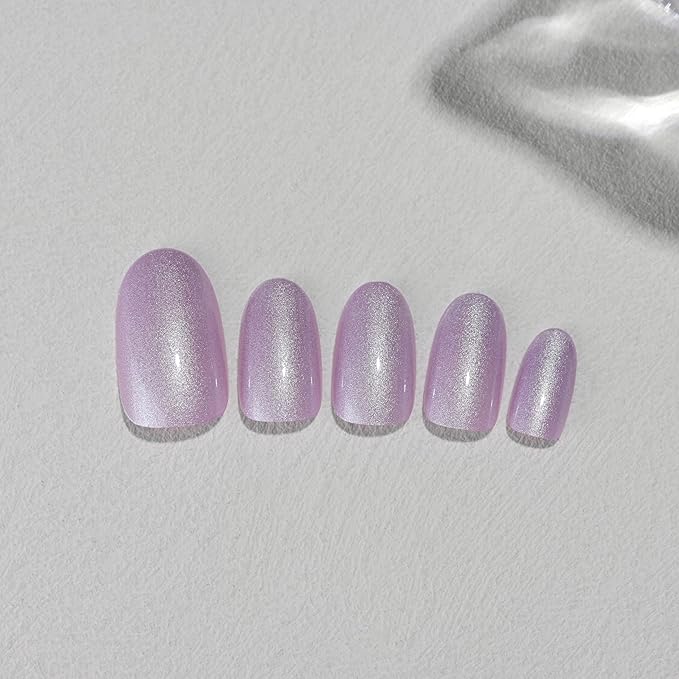 Aurora Purple Press On Nails Short Ovale 24 Pcs, Glitter Designer Reusable Acrylic Fake Nails with Glue, Glossy Soft Gel Nails Wedding and Party, Stick On Glue On Nails, Nial for Women Gift