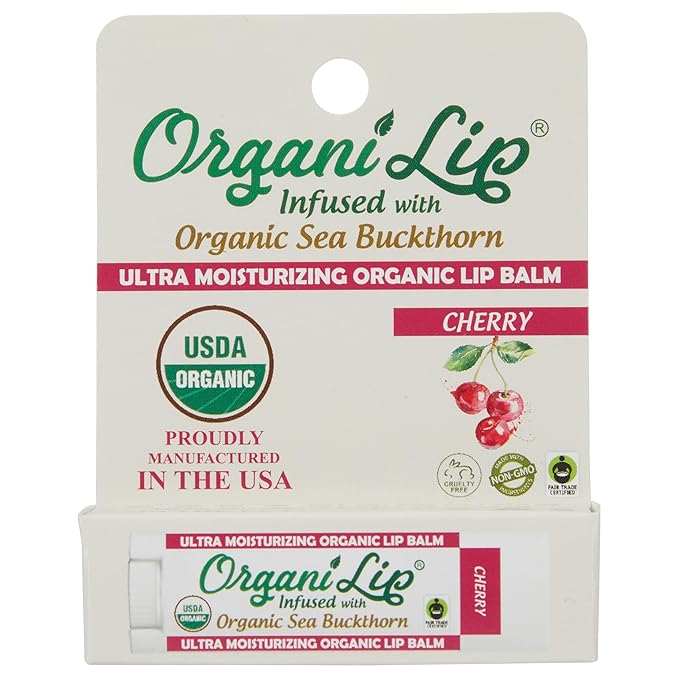 Organic Lip Balm, Cherry Flavor, Ultra Hydrating Lip Moisturizer for Cracked or Dry Lips, Infused With Organic Sea Buckthorn, Oval Shaped Tube, USDA Certified Organic, 1 Pack-VivaGrace Women