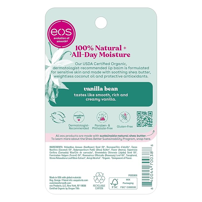 eos 100% Natural & Organic Lip Balm Sphere- Vanilla Bean, All-day Moisture, Dermatologist Recommended for Sensitive Skin, Lip Care Products, 0.25 oz-VivaGrace Women
