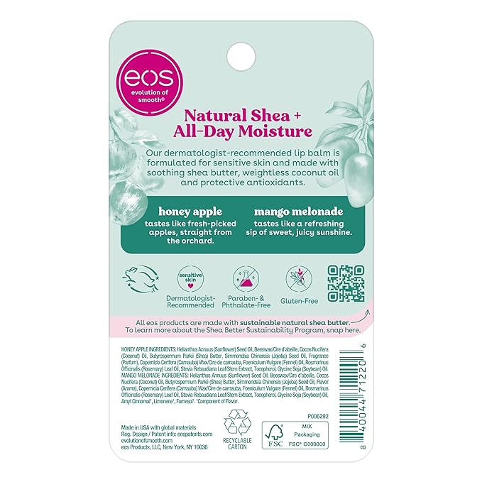 eos Natural Shea Lip Balm, Honey Apple & Mango Melonade, All-Day Moisture, Lip Care Products, 0.14 oz, 2-Pack-VivaGrace Women