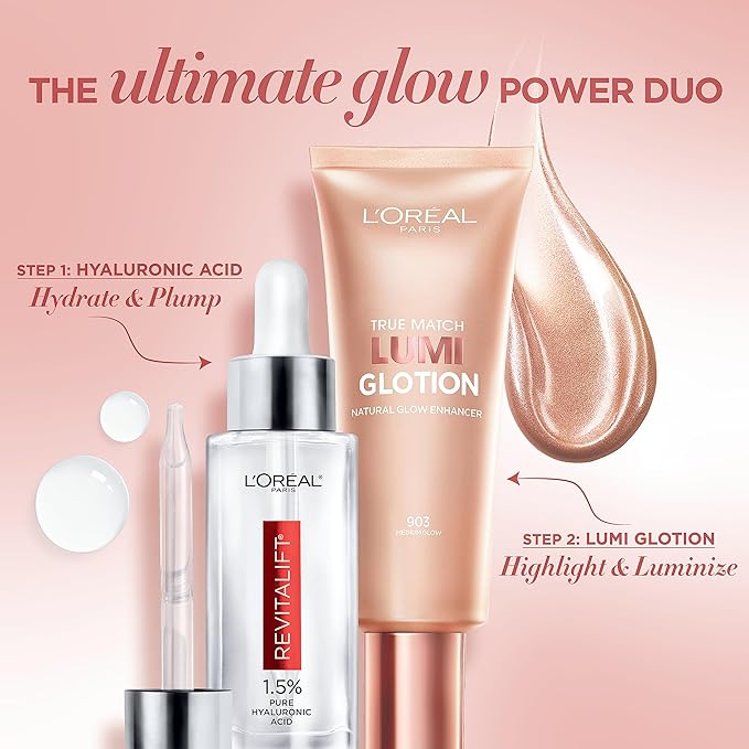 L'Oreal Paris Revitalift 1.5% Pure Hyaluronic Acid Face Serum 1.0 oz + True Match Lumi Glotion Natural Glow Enhancer Lotion, Medium 1.35 fl. oz, 1 kit-VivaGrace Women