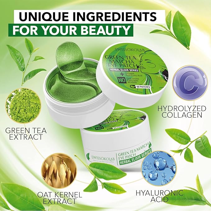 SWISSÖKOLAB Under Eye Patches For Puffy Eyes 24k Gold Eye Mask Dark Circles And Puffiness Collagen Eye Gel Pads Moisturizing & Reducing Wrinkles Anti-Aging Hyaluronic Acid (Green Tea)-VivaGrace Women