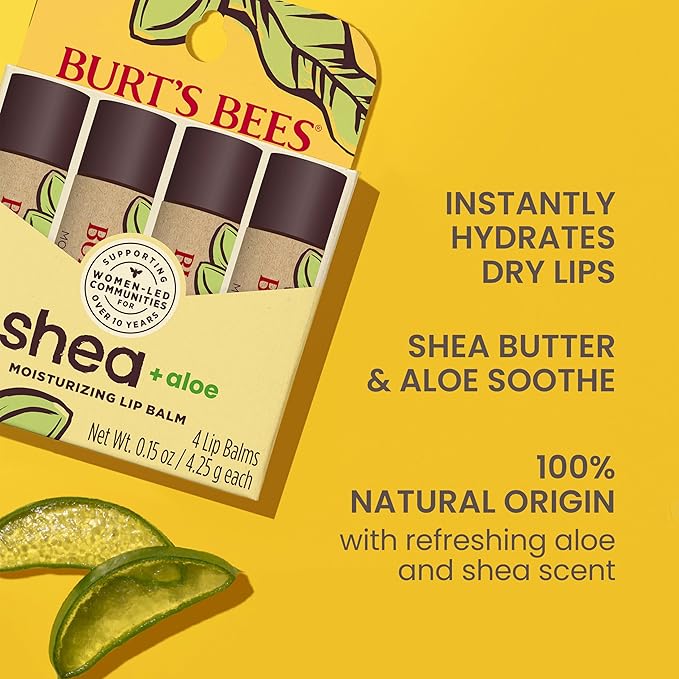 Burt's Bees Lip Balm Mothers Day Gifts for Mom - Shea and Aloe Lip Moisturizer With Responsibly Sourced Beeswax, Tint-Free, Natural Origin Conditioning Lip Treatment, 4 Tubes, 0.15 oz.-VivaGrace Women