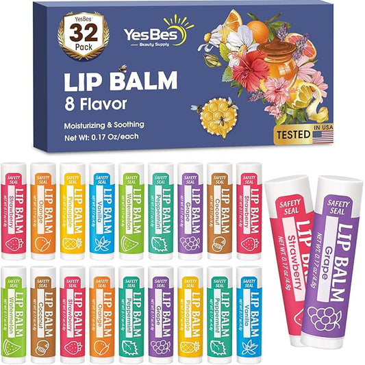 32 Pack Lip Balm, Natural Lip Balm Bulk with Vitamin E and Coconut Oil, Moisturizing Lip Balm for Dry Cracked Lips, Lip Balm for Stocking Stuffers - 8 Flavors-VivaGrace Women