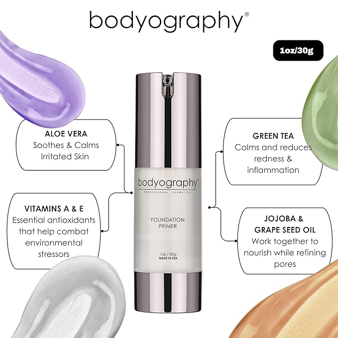 BODYOGRAPHY - Foundation Primer (Purple): Flawless Anti-Aging Salon Makeup Primer w/Vitamin E, A, Jojoba, Grapeseed Oil | Control Shine | Gluten-Free, Cruelty-Free, 1 oz.-VivaGrace Women