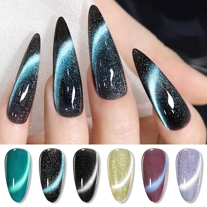 Born Pretty Cat Magnetic Eye Gel Nail Polish, 6 Colors 9D Magnetic Glitter Gel Polish Set Black Blue Purple Green Nail Polish Kit Soak Off LED Nail Art DIY Salon Gift-VivaGrace Women