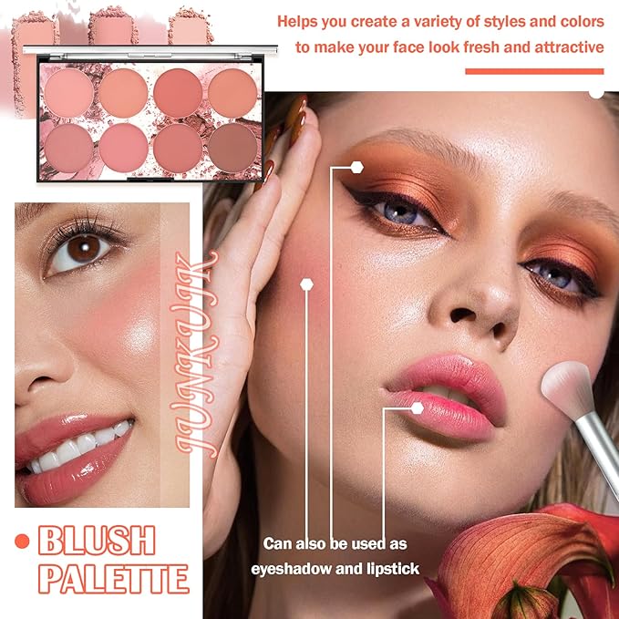 8 Colors Blush Palette,Shimmer Silky Matte Blush Powder Palette,Professional Cute Face Contour Highlighter Blush Palette with Blush Makeup Brush-VivaGrace Women