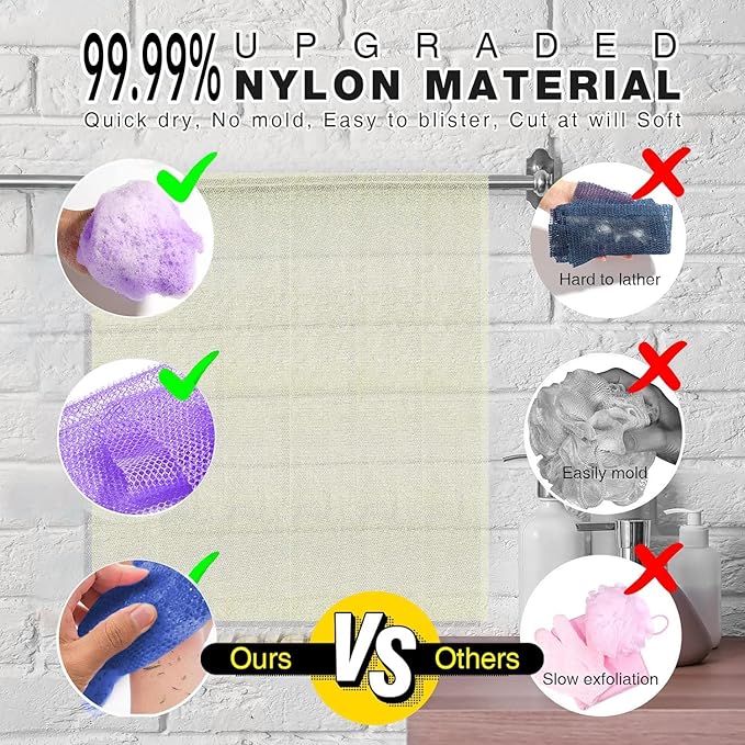 UJFQBH 3 Pieces African Bath Sponge African Net Long Net Bath Sponge Exfoliating Shower Body Scrubber Back Scrubber Skin Smoother,Great for Daily Use (Purple,Blue,Off-White)-VivaGrace Women