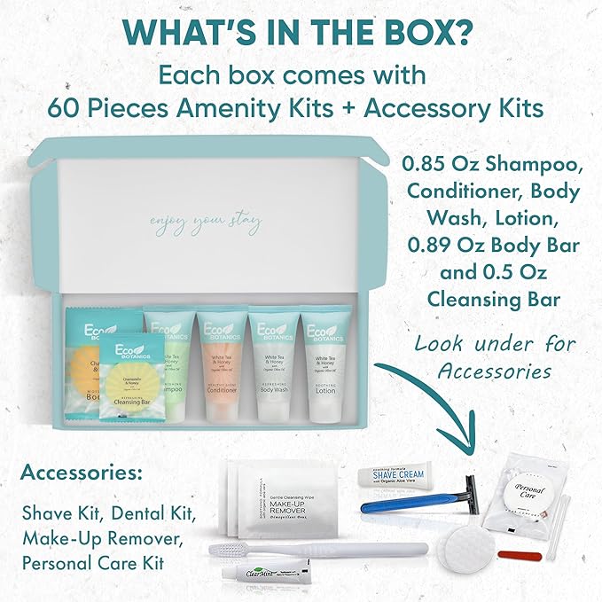 Eco Botanics Amenity & Accessory Kit | 0.85 oz Travel Size Shampoo, Conditioner, Lotion, Body Wash, Soap Bar, Shave & Dental Sets, Make-Up Remover Wipes, & Vanity Kit | 60 sets per case-VivaGrace Women