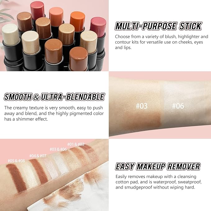 2 Pcs Cream Contour Stick Makeup Kit, Cream Highlighter Stick & Contour Bronzer Stick for Cheeks, Lightweight Blendable Smooth -Highlighter (#03 Champagne Gold #06 Silver)-VivaGrace Women