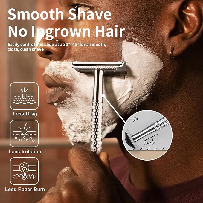 Shiny Silver Double Edge Safety Razor, Single Blade Razors for Men and Women, with 10 Stainless Steel Safety Razor Blades, Reusable, Smooth and Close Wet Shaving Kit, Plastic Free-VivaGrace Women