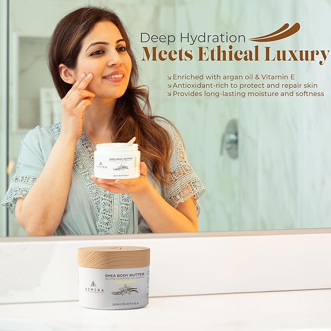 AZMERA Handcrafted Whipped Shea Body Butter – Luxurious Vanilla Bean Scented Moisturizer for Dry, Sensitive Skin, Argan Oil & Vitamin E – Vegan, Non-Greasy Skincare – 8.82 oz-VivaGrace Women