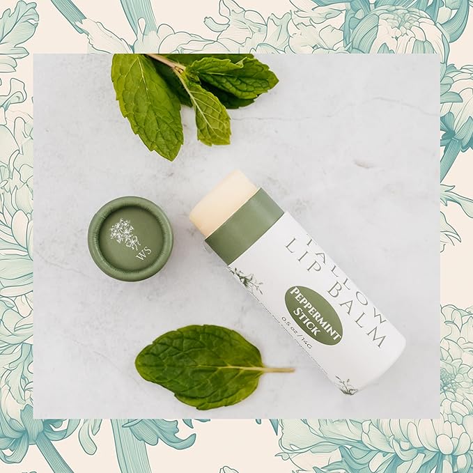 Organic Tallow Lip Balm (Peppermint) from Grass Fed Cows. Super hydrating with Tallow, Olive Oil, Honey, and Beeswax. Sustainable Cardboard Tubes & Hand Filled. Jumbo Size 0.5 oz.-VivaGrace Women