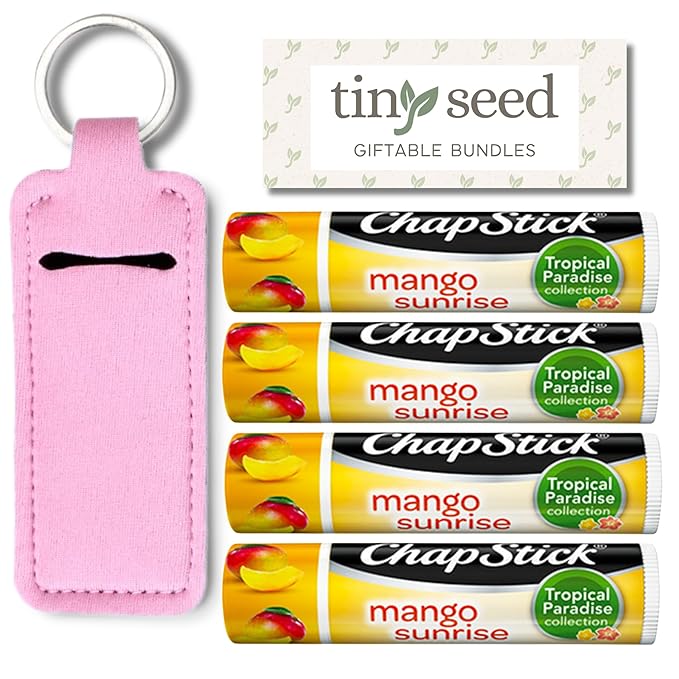 Mango Chapstick 4-Pack. Includes Bonus Lip Balm Holder Keychain (Pink). Limited Edition Flavor from the Chapstick Tropical Paradise Collection, Unique Gift Bundle from Tiny Seed-VivaGrace Women
