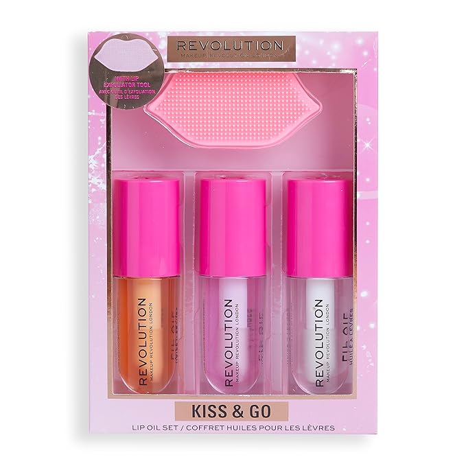 Revolution Kiss & Go Glaze Lip Care Gift Set, Exfoliating Tool & 3 Fruit Flavored Lip Oils Included-VivaGrace Women
