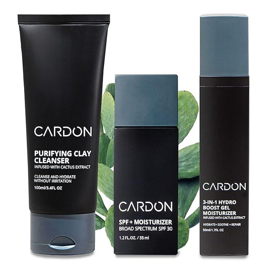 Cardon Cactus-Based Men's Skincare Set | Premium Korean Skincare for Sensitive Skin and Oily Skin | Water-based Face Moisturizer with SPF 30, Gentle Face Wash, Repairing Night Cream with Vitamin E-VivaGrace Women