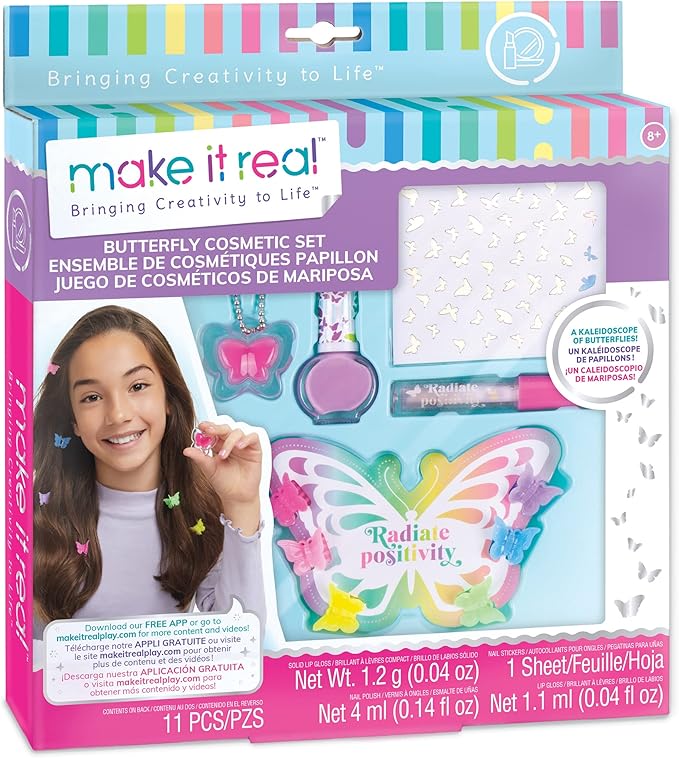 Make It Real: Butterfly Dreams Cosmetic Set - 11 Pieces, Tweens & Girls, Includes 6 Butterfly Hair Clips, Polish, Nail Stickers, 2 Lip Gloss & Instructions, Butterflies, Makeup & Beauty, Kids Ages 8+-VivaGrace Women