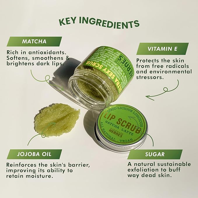 Handmade Heroes Matcha Latte Lip Scrub 1oz | 100% Natural Vegan Skin Care | Deep Conditioning Lip Scrub for Dry Lips with Jojoba Oil Avocado Oil | Natural Lightening Lip Exfoliator & Lip Plumper-VivaGrace Women