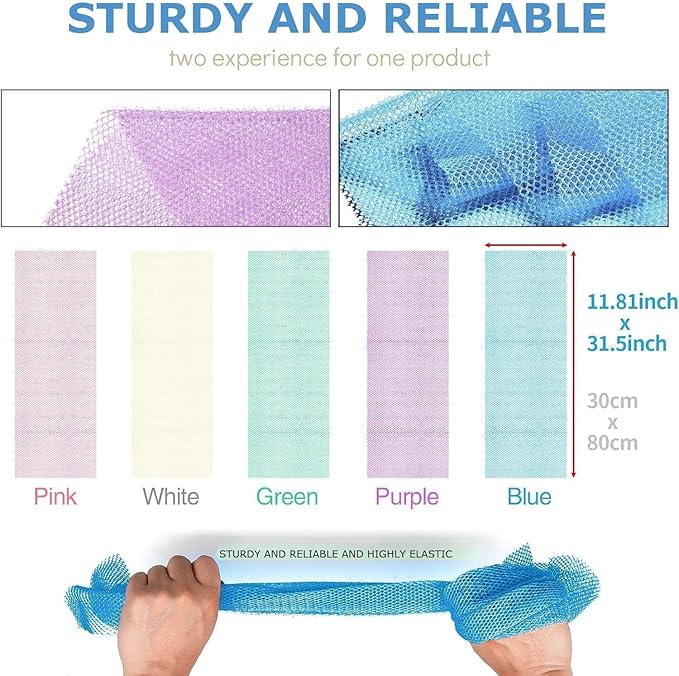 UJFQBH 5 Pieces African Bath Sponge African Net Long Net Bath Sponge Exfoliating Shower Body Scrubber Back Scrubber Skin Smoother,Great for Daily Use (Purple, Pink, Green, Blue, White)-VivaGrace Women