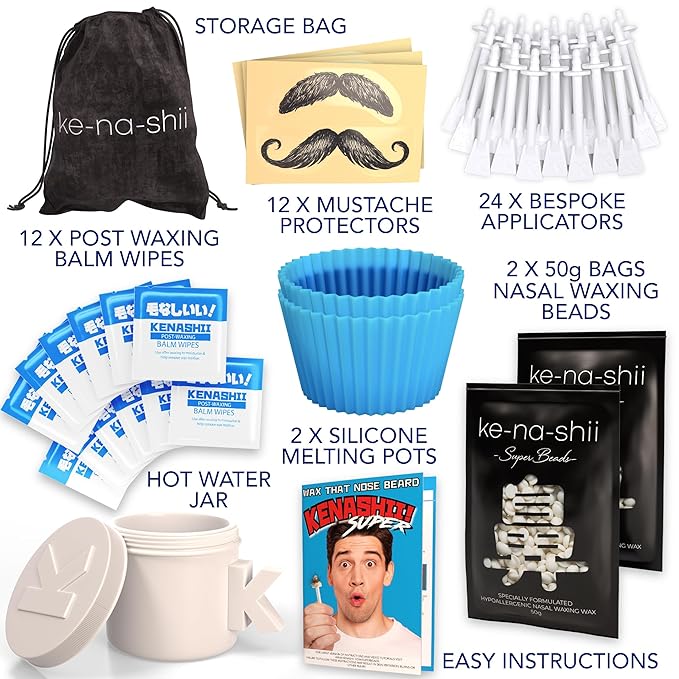 Kenashii Super Nose Waxing Kit | 100g Wax, 24 Applicators | No Microwave Required | Ear Hair Removal | For Men and Women | 12 Balm Wipes, Mustache Guards, Storage Bag-VivaGrace Women