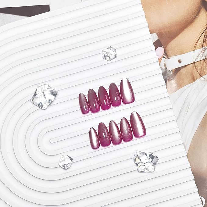 KQueenest Cat Eye Violet Pink Press on Nails Almond Shape, Glitter Fake Nails Medium, Thick Sparkly Glass Nails Press on, Shiny Acrylic Nails, Cute Bling Stick on Nails for Women, 30 Pcs