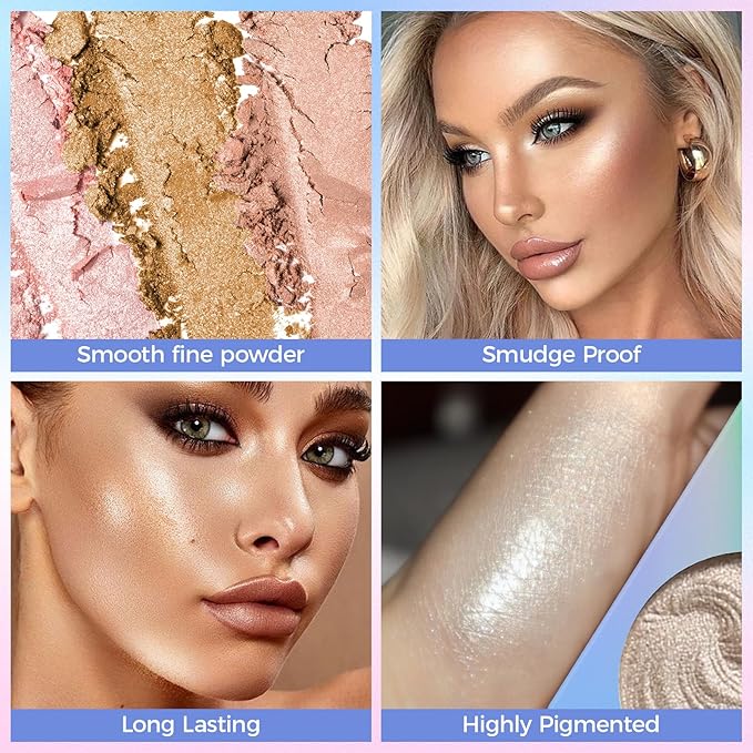Highlighter Makeup Palette,Highlighter Palette Illuminator Powder Palette White Highlighter Baked Waterproof Long Lasting Brilliant Lighten Skin Color Face Contour Powder Makeup Highlighter-VivaGrace Women
