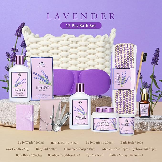 Bath and Body Gift For Women and Men - Lavender Home Spa Gift Set,Mug,Shower Gel,Bubble Bath,Lotion,Bath Bombs,Eye Mask,Manucure Set, Bath Belt, Body Oil,Bath Soak,Lip Balm,Soy Candle For Daily Use-VivaGrace Women