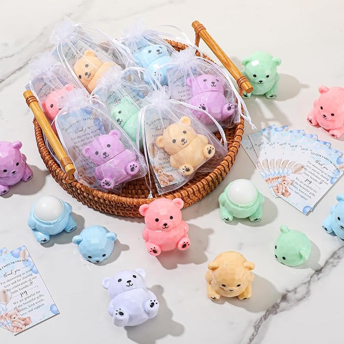 24 Sets Baby Shower Bear Lip Balm Favors Bear Lip Care Transparent Lipstick with Gift Bags and Thank You Cards for Baby Shower Gender Reveal Favors Decorations Gift Supplies-VivaGrace Women